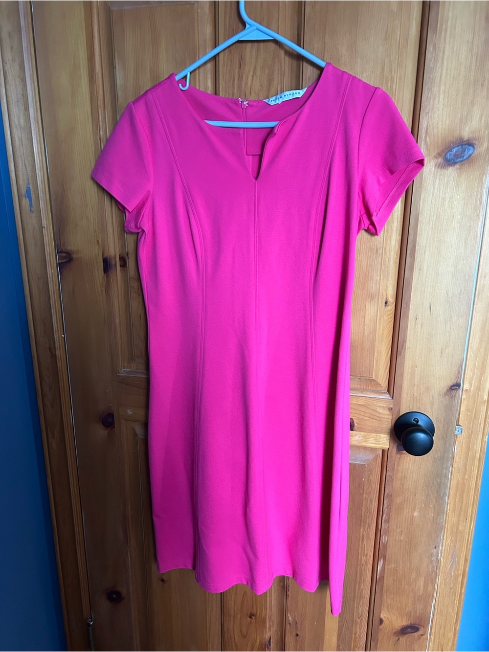 Fuchsia Short Sleeve Notch-Neck Shift Dress